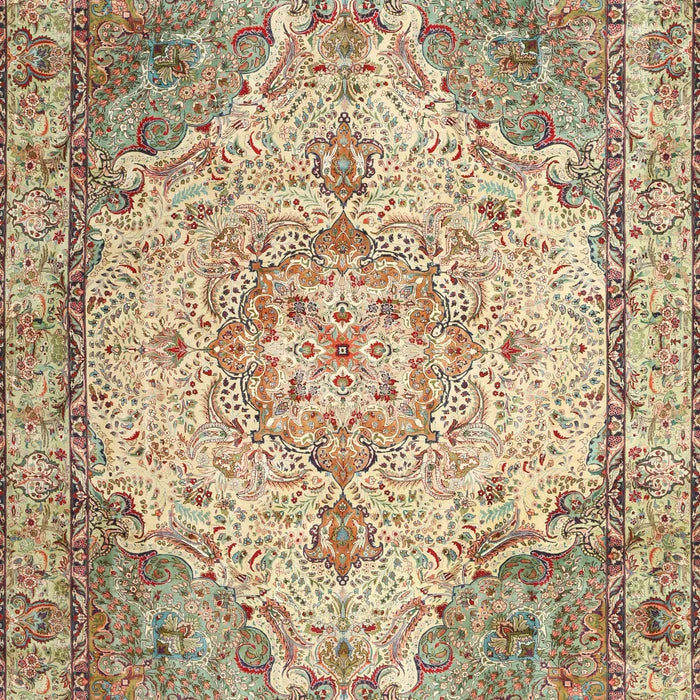 6' x 9' Brown Ivory Multi Color Traditional Persian Area Rug styled in a bedroom setting, highlighting the ornate Persian medallion and intricate floral detailing.