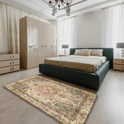 6' x 9' Brown Ivory Multi Color Traditional Persian Area Rug styled in a bedroom setting, highlighting the ornate Persian medallion and intricate floral detailing.