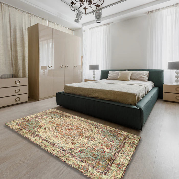 6' x 9' Brown Ivory Multi Color Traditional Persian Area Rug styled in a bedroom setting, highlighting the ornate Persian medallion and intricate floral detailing.