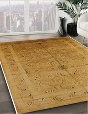 6' x 9' Dark Orange Soft Brown Mid-Century Modern Oriental Area Rug angled perspective emphasizing the detailed border and soft neutral color palette.