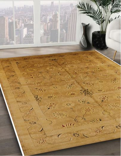 6' x 9' Dark Orange Soft Brown Mid-Century Modern Oriental Area Rug angled perspective emphasizing the detailed border and soft neutral color palette.