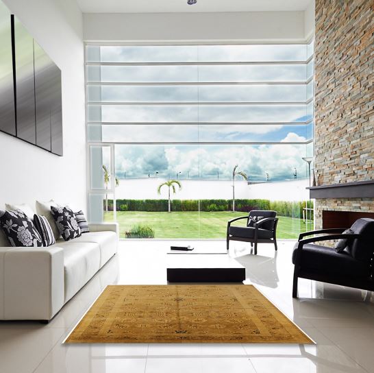 6' x 9' Dark Orange Soft Brown Mid-Century Modern Oriental Area Rug displayed in a bright modern living room, demonstrating how the warm dark orange tones complement minimalist interiors.