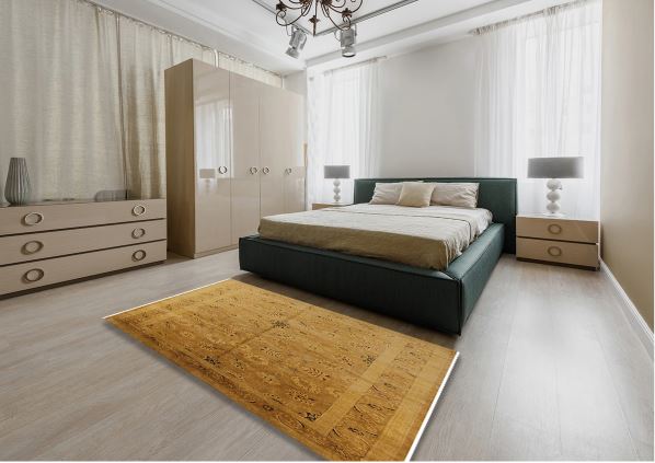 6' x 9' Dark Orange Soft Brown Mid-Century Modern Oriental Area Rug styled in a contemporary bedroom, highlighting the warm earthy tones and elegant oriental pattern.