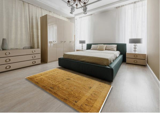6' x 9' Dark Orange Soft Brown Mid-Century Modern Oriental Area Rug styled in a contemporary bedroom, highlighting the warm earthy tones and elegant oriental pattern.