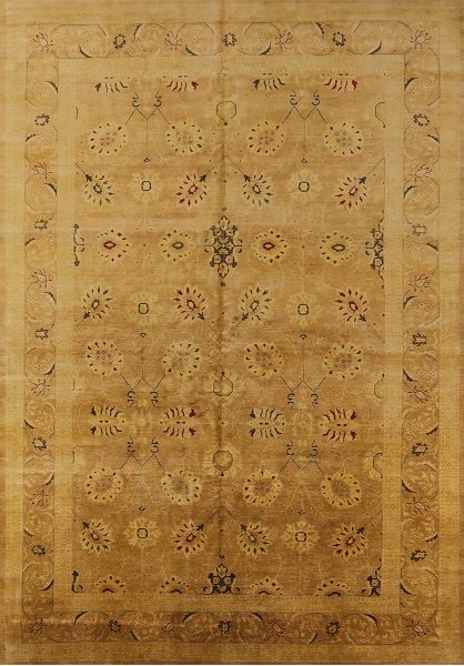 6' x 9' Dark Orange Soft Brown Mid-Century Modern Oriental Area Rug top view showcasing the symmetrical mid-century inspired oriental design with subtle floral motifs.