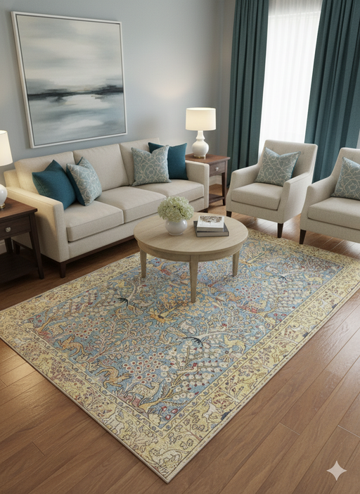 6' x 9' Rectangle Blue & Ivory Floral Traditional Area Rug styled in a contemporary living room.