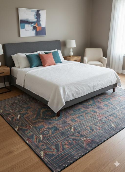 6' x 9' Rectangle Teal Blue Rust Geometric Traditional Area Rug placed in a cozy bedroom setting.