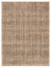 6' x 9' Rectangular Beige Brown Geometric Tribal Modern Washable Area Rug featuring repeating diamond, chevron, and linear patterns.