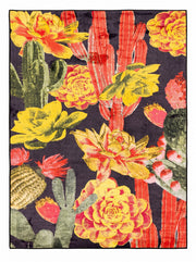 6' x 9' Rectangular Black & Multicolor Cactus Floral Botanical Southwestern Area Rug featuring vibrant yellow flowers, red cactus stems, and green succulents.