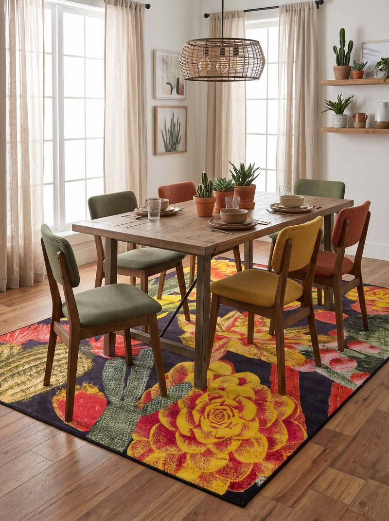6' x 9' Rectangular Black & Multicolor Cactus Floral Botanical Southwestern Area Rug styled in a dining room with a wooden table and colorful upholstered chairs.
