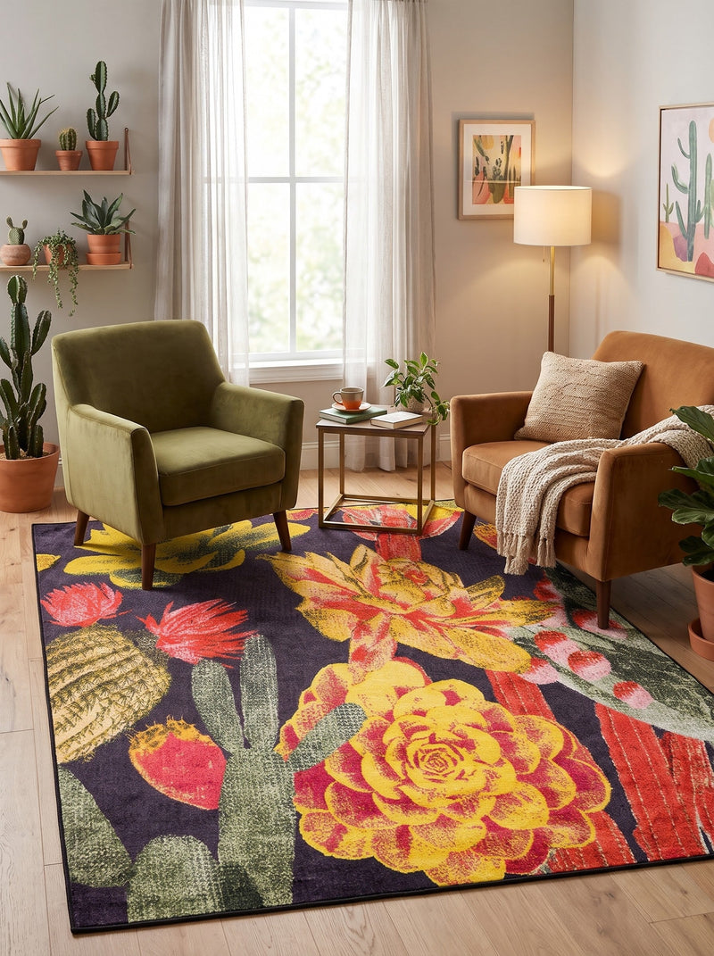 6' x 9' Rectangular Black & Multicolor Cactus Floral Botanical Southwestern Area Rug styled in a living room with an olive green armchair and tan sofa.