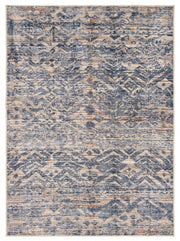 6' x 9' Rectangular Blue Beige Distressed Geometric Tribal Southwestern Area Rug featuring faded geometric motifs and textured patterns.