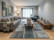 6' x 9' Rectangular Blue & Gray Grid Abstract Modern Area Rug placed in a contemporary living room beneath a wooden coffee table.