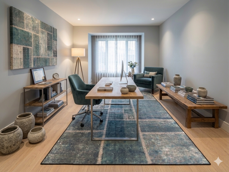 6' x 9' Rectangular Blue & Gray Grid Abstract Modern Area Rug placed in a minimalist home office beneath a wooden desk.