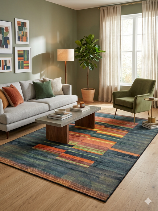 6' x 9' Rectangular Blue & Orange Geometric Modern Area Rug styled in a living room with neutral seating and warm accent tones.