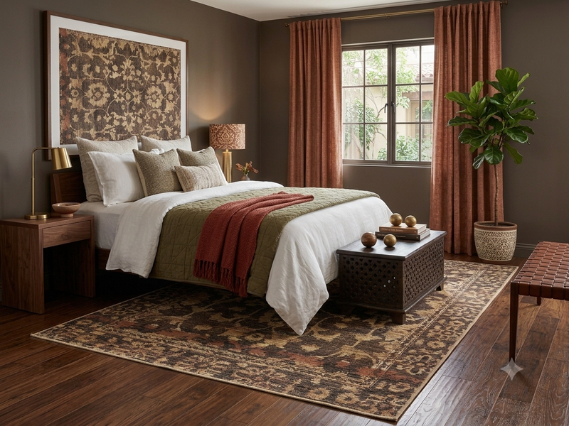 6' x 9' Rectangular Brown Beige Floral Traditional Washable Area Rug placed in a bedroom with a wooden bed, white bedding, olive green blanket, and rust-colored throw.