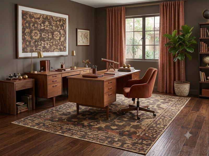 6' x 9' Rectangular Brown Beige Floral Traditional Washable Area Rug styled in a home office with a wooden desk, rust-colored upholstered office chair, and wooden bookshelves.