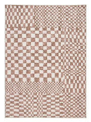 6' x 9' Rectangular Brown & Ivory Checkered Geometric Modern Washable Area Rug featuring varying sizes of checkerboard squares, displayed in Product View.