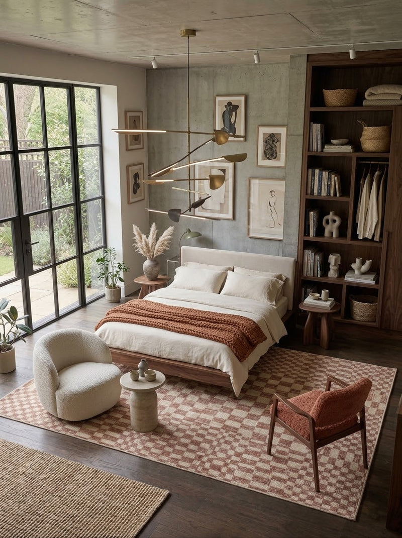 6' x 9' Rectangular Brown Ivory Checkered Geometric Modern Washable Area Rug styled in a bedroom with a beige bed, white accent chair, and wooden bookshelf.