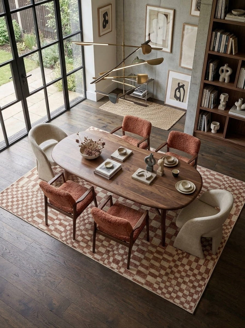 6' x 9' Rectangular Brown Ivory Checkered Geometric Modern Washable Area Rug styled in a dining room with an oval wooden dining table and rust-colored upholstered chairs.