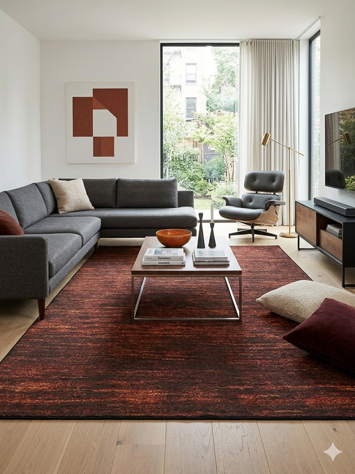 6' x 9' Rectangular Brown & Rust Distressed Abstract Modern Washable Area Rug styled in a living room with a gray sectional and modern decor.