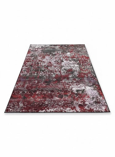 6' x 9' Rectangular Burgundy Gray Distressed Abstract Modern Area Rug featuring a textured, faded design with burgundy and gray tones.
