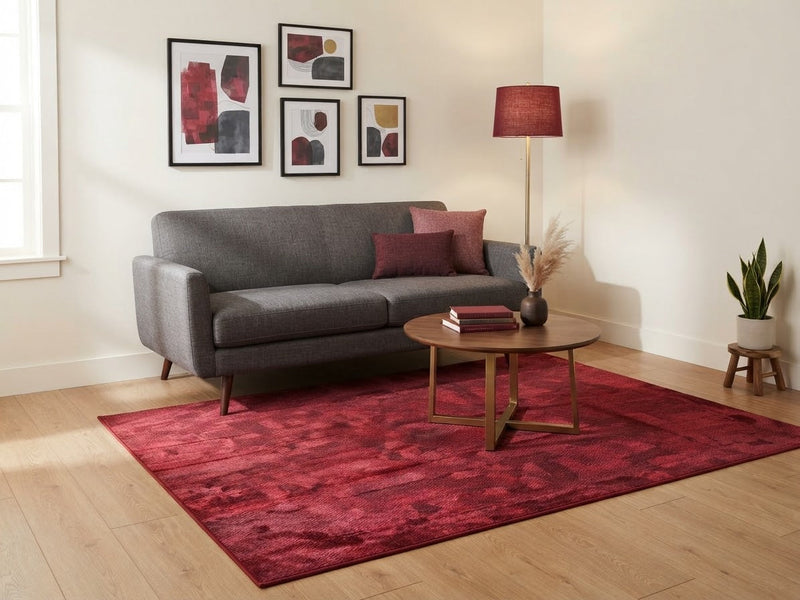 6' x 9' Rectangular Burgundy Red Abstract Geometric Modern Area Rug styled in a living room with a gray sofa and round wooden coffee table.
