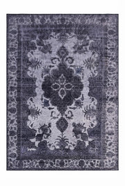 6' x 9' Rectangular Charcoal & Gray Distressed Floral Medallion Traditional Washable Area Rug featuring an ornate central medallion and floral border, displayed in Product View.