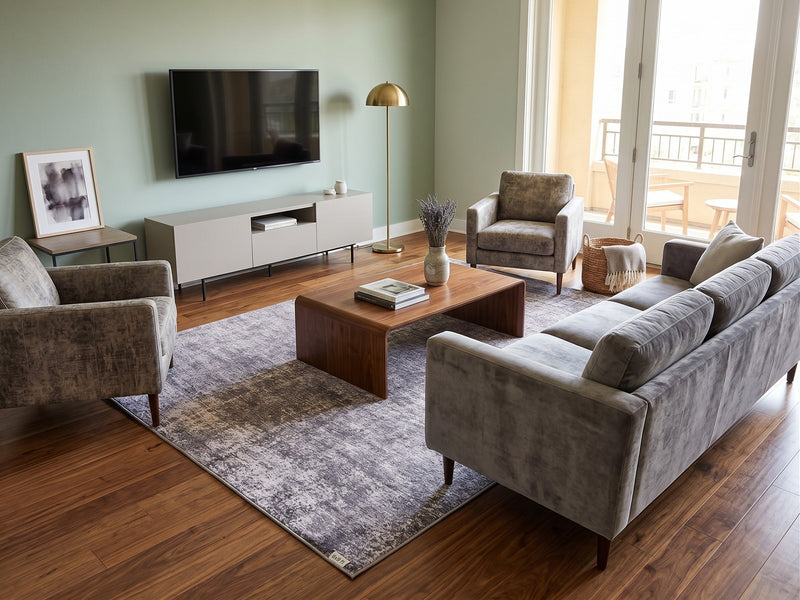 6' x 9' Rectangular Charcoal Gray Silver Distressed Abstract Modern Area Rug styled in a modern living room with a gray sofa, matching accent chairs, and a rectangular wooden coffee table.