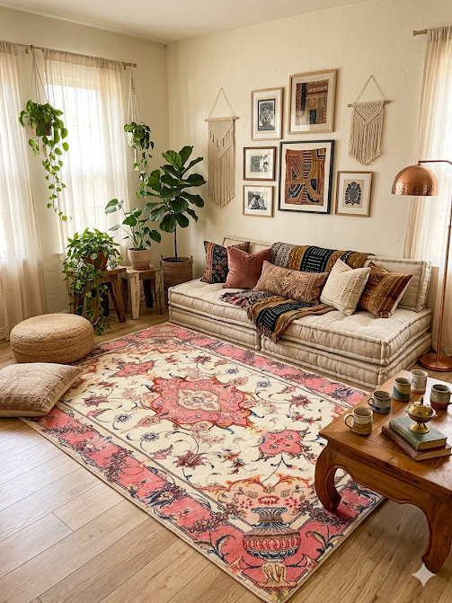 6' x 9' Rectangular Cream & Pink Floral Oriental Traditional Area Rug styled in a living room with layered textiles and relaxed boho decor.