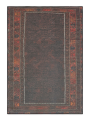 6' x 9' Rectangular Dark Brown & Rust Tribal Border Traditional Washable Area Rug isolated on a white background.