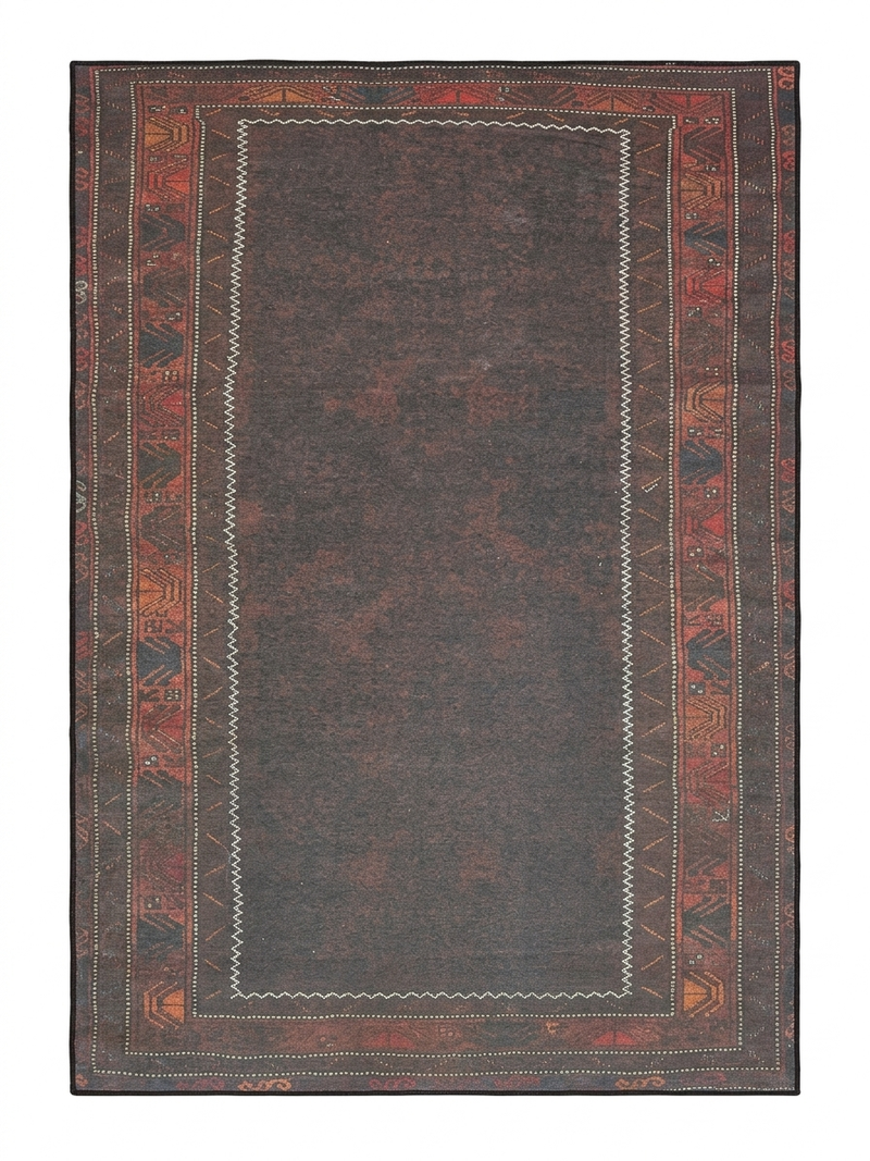 6' x 9' Rectangular Dark Brown & Rust Tribal Border Traditional Washable Area Rug isolated on a white background.