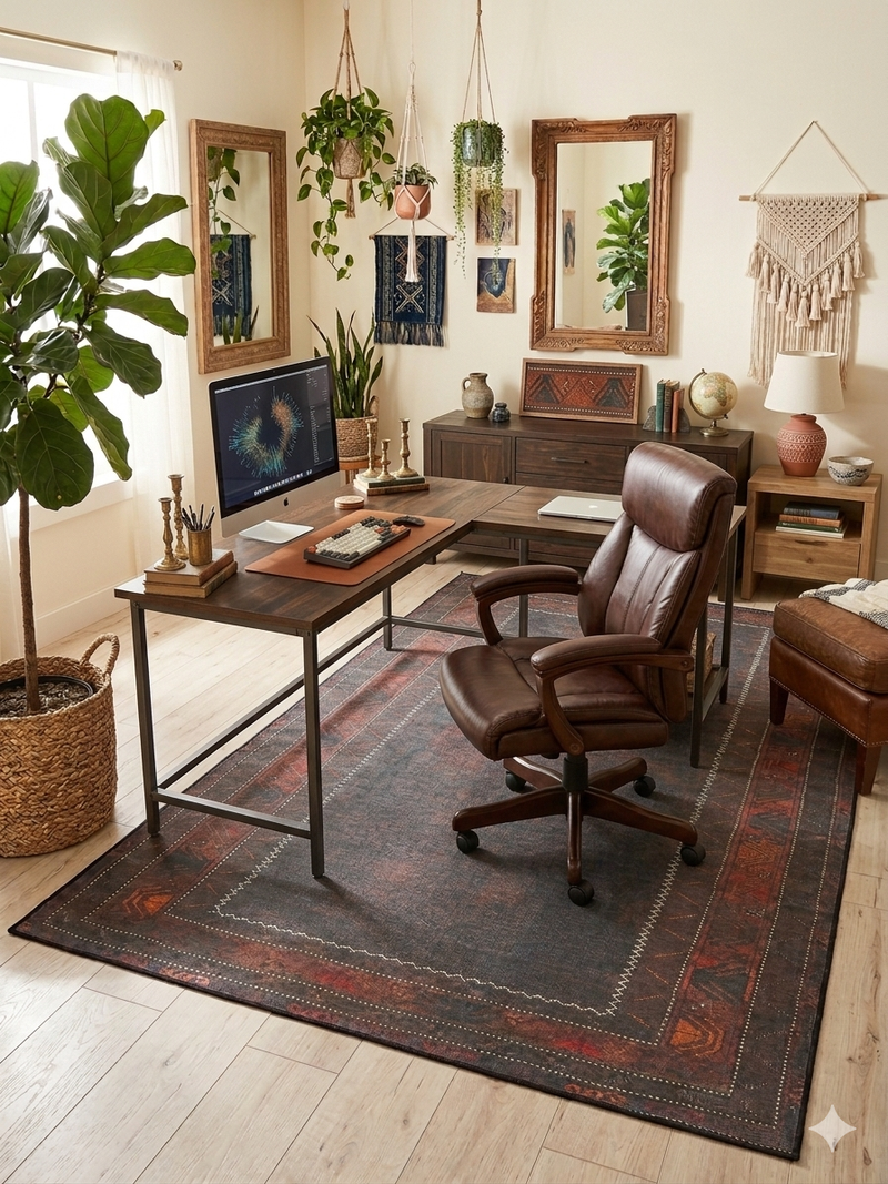 6' x 9' Rectangular Dark Brown & Rust Tribal Border Traditional Washable Area Rug styled in a home office with a desk, chair, and indoor plants.