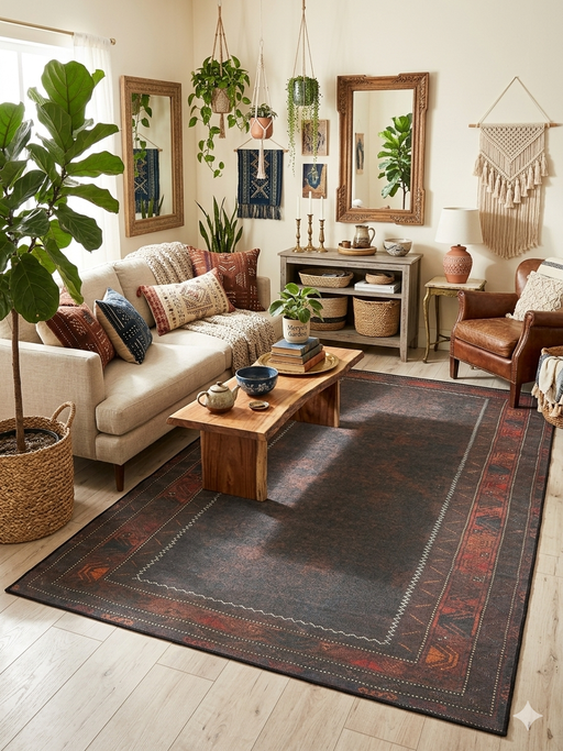 6' x 9' Rectangular Dark Brown & Rust Tribal Border Traditional Washable Area Rug styled in a living room with a sofa, coffee table, and accent seating.