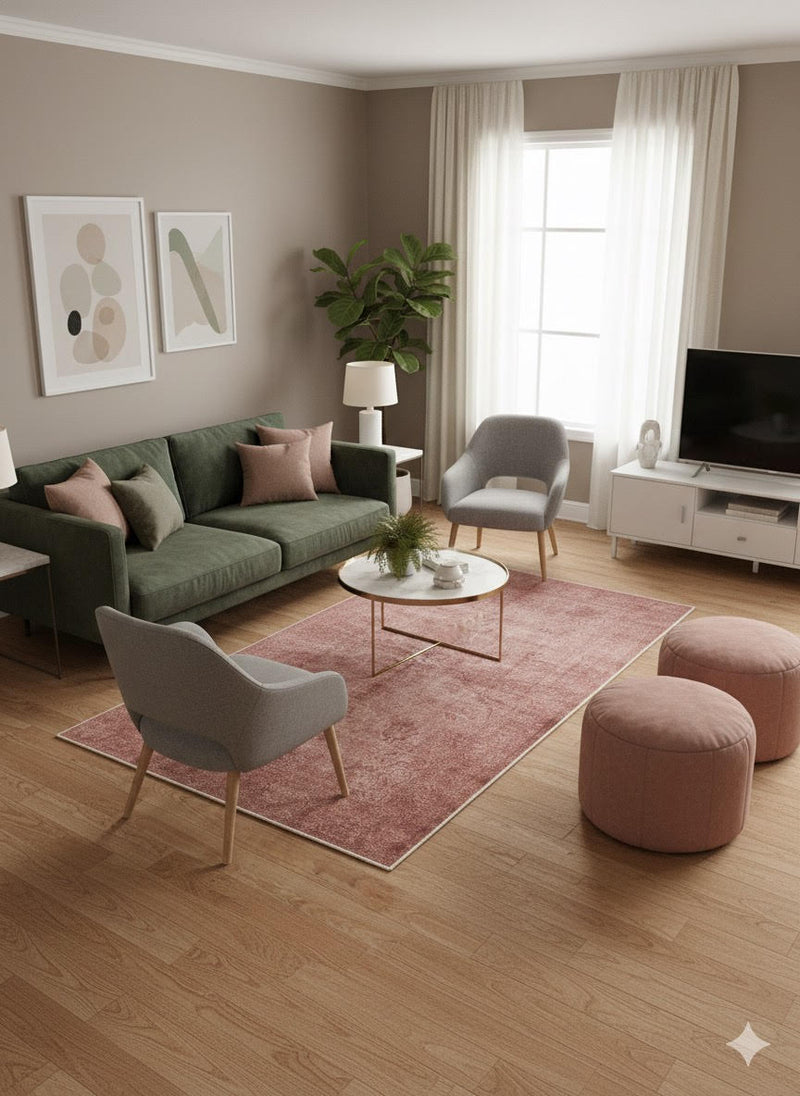 6' x 9' Rectangular Dusty Rose & Soft Brown Distressed Solid Traditional Area Rug placed / styled in a cozy contemporary living room with green sofa and accent chairs.
