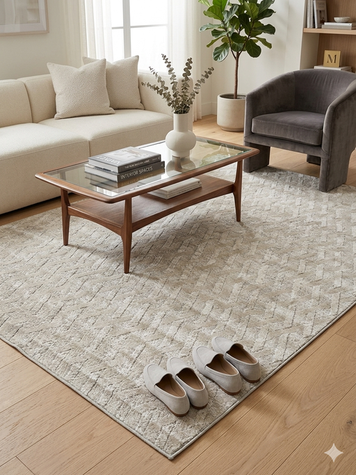 6' x 9' Rectangular Ivory & Beige Geometric Textured Modern Washable Area Rug styled in a living room with a neutral sofa, accent chair, and minimal decor.