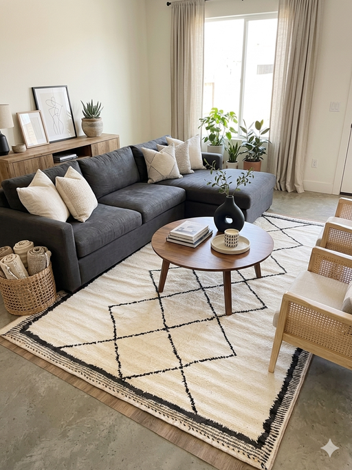 6' x 9' Rectangular Ivory & Black Geometric Moroccan Modern Washable Area Rug styled in a living room with a dark sectional sofa and minimalist decor.