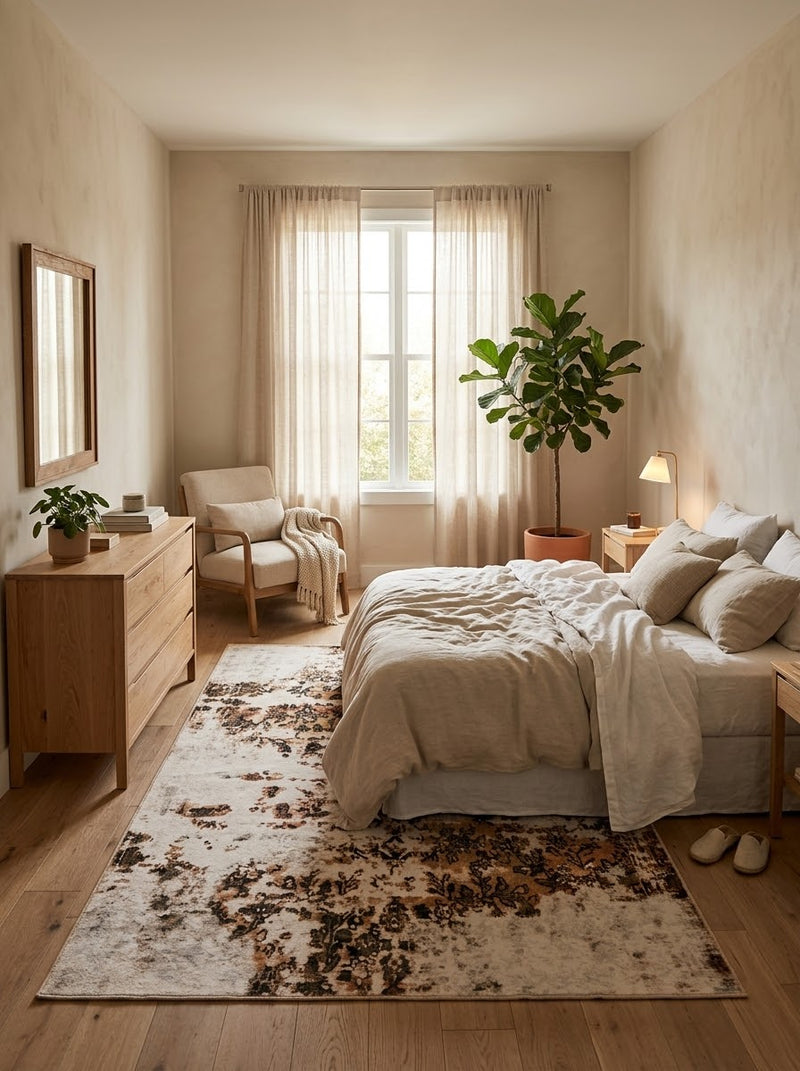 6' x 9' Rectangular Ivory Brown Gold Distressed Floral Abstract Modern Washable Area Rug styled in a bedroom with a white bed and wooden dresser.