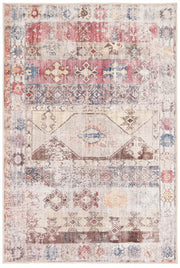 6' x 9' Rectangular Ivory Pink Distressed Geometric Tribal Bohemian Area Rug featuring faded pink and blue tribal motifs on an ivory background.