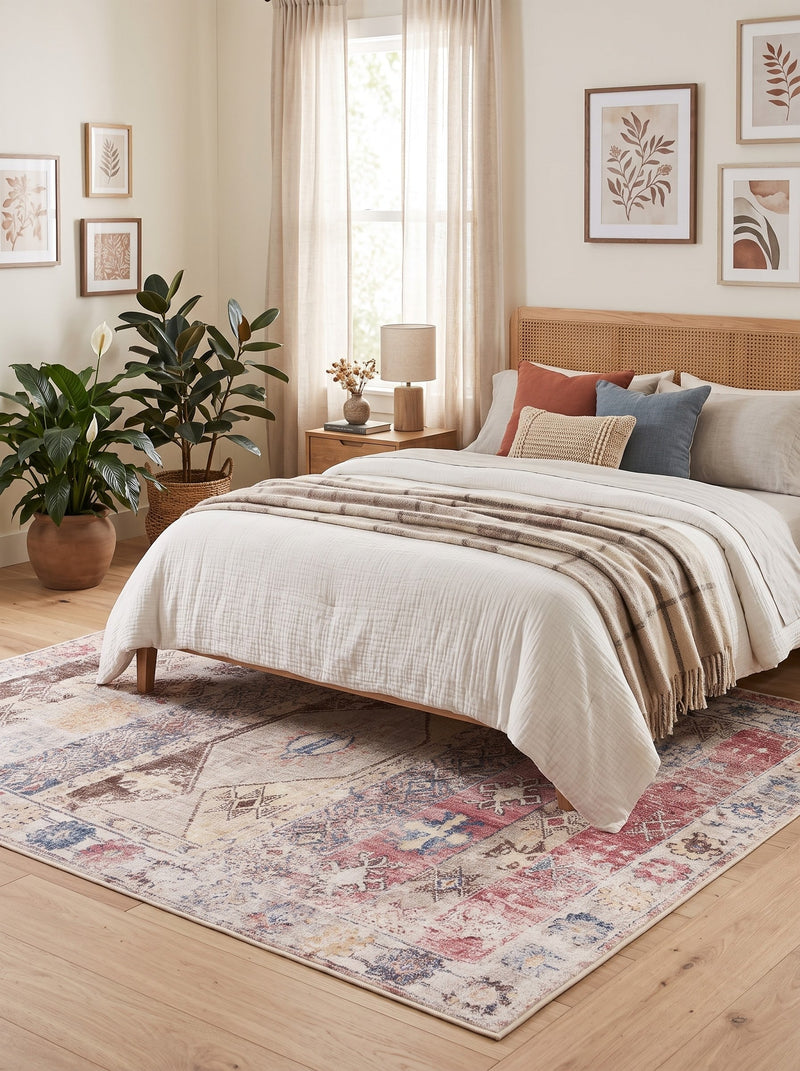 6' x 9' Rectangular Ivory Pink Distressed Geometric Tribal Bohemian Area Rug placed in a bedroom beneath a wooden bed with white bedding.