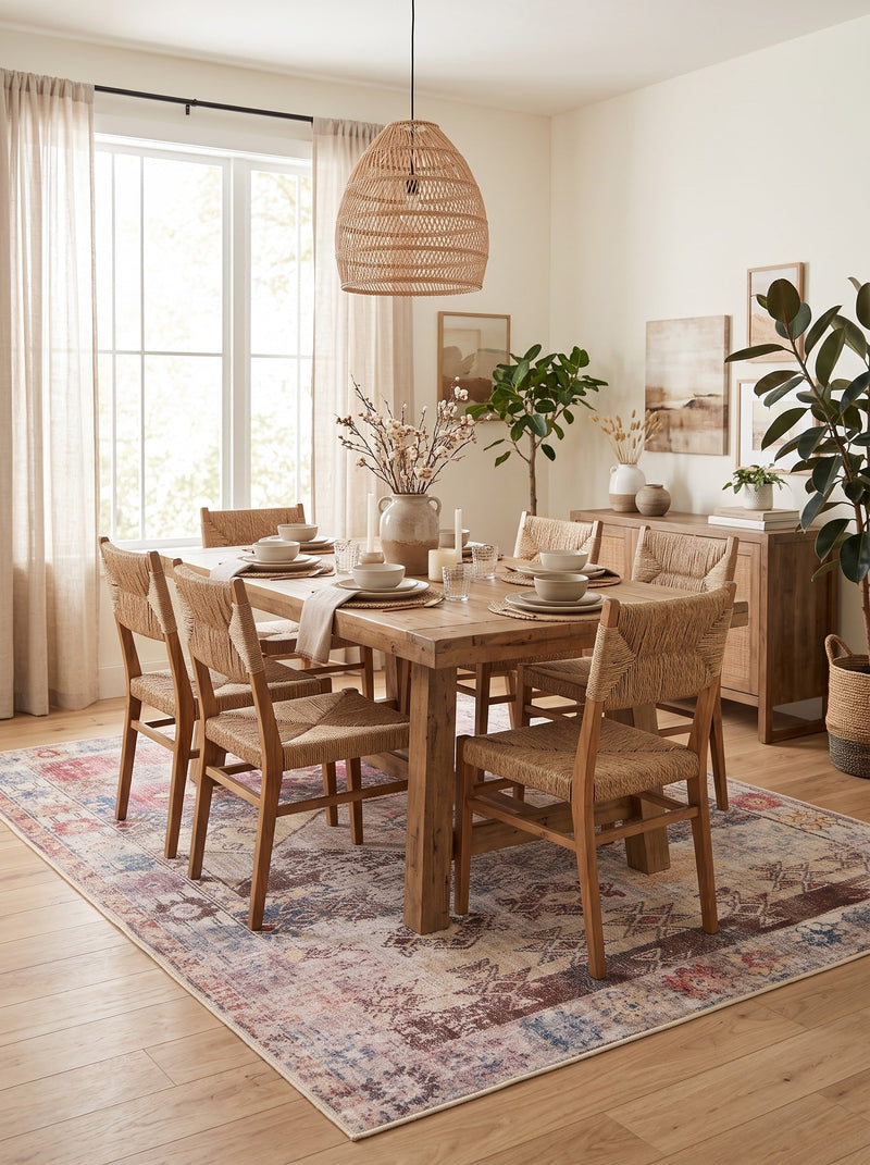 6' x 9' Rectangular Ivory Pink Distressed Geometric Tribal Bohemian Area Rug styled in a dining room beneath a wooden dining table and woven chairs.