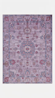 6' x 9' Rectangular Lavender Blue Floral Medallion Traditional Washable Area Rug featuring an ornate central medallion and delicate floral border, displayed in Product View.