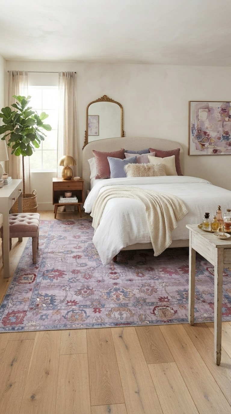 6' x 9' Rectangular Lavender Blue Floral Medallion Traditional Washable Area Rug styled in a bedroom with a cream upholstered bed and pink accent pillows.