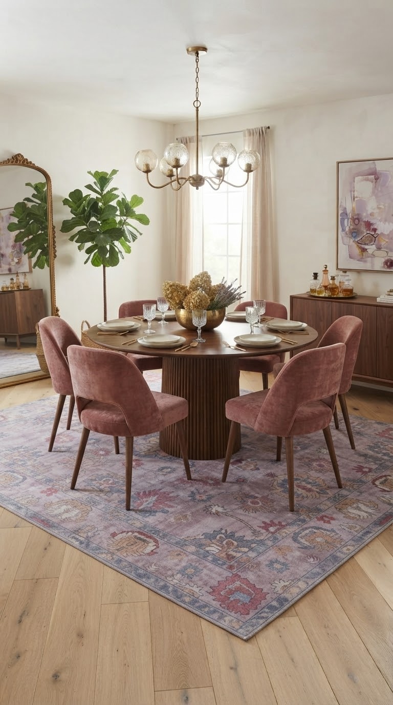 6' x 9' Rectangular Lavender Blue Floral Medallion Traditional Washable Area Rug styled in a dining room with a round wooden dining table and pink upholstered chairs.