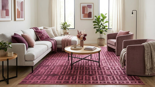 6' x 9' Rectangular Mauve Pink Geometric Modern Washable Area Rug styled in a living room with a beige sofa and round wooden coffee table.