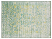 6' x 9' Rectangular Mint Green Distressed Medallion Traditional Washable Area Rug displayed on a white background, showcasing its soft mint green and subtle yellow distressed medallion pattern.