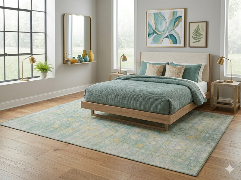 6' x 9' Rectangular Mint Green Distressed Medallion Traditional Washable Area Rug placed under a bed in a serene bedroom with mint bedding and gold accent lamps.