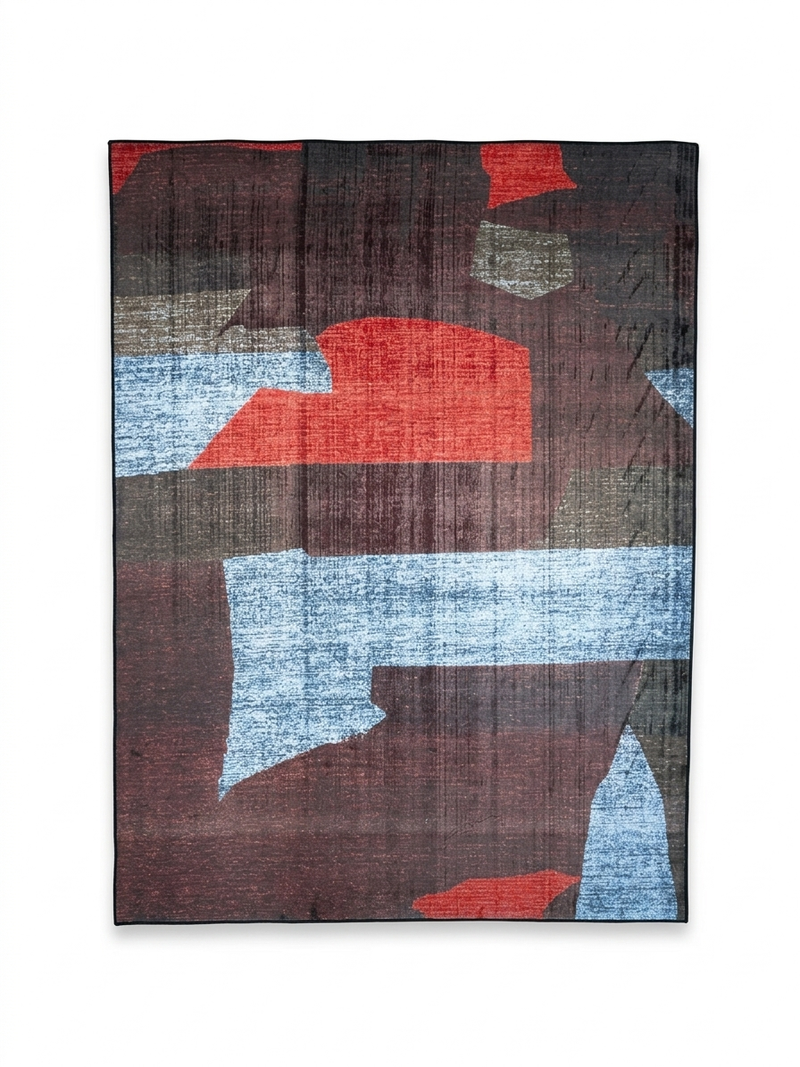 6' x 9' Rectangular Multicolor Red Blue & Charcoal Abstract Geometric Modern Area Rug isolated on a white background.