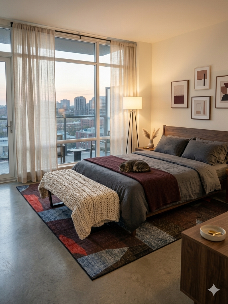 6' x 9' Rectangular Multicolor Red Blue & Charcoal Abstract Geometric Modern Area Rug styled in a bedroom with a modern bed and neutral decor.