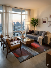 6' x 9' Rectangular Multicolor Red Blue & Charcoal Abstract Geometric Modern Area Rug styled in a living room with a sofa, accent chairs, and large window views.